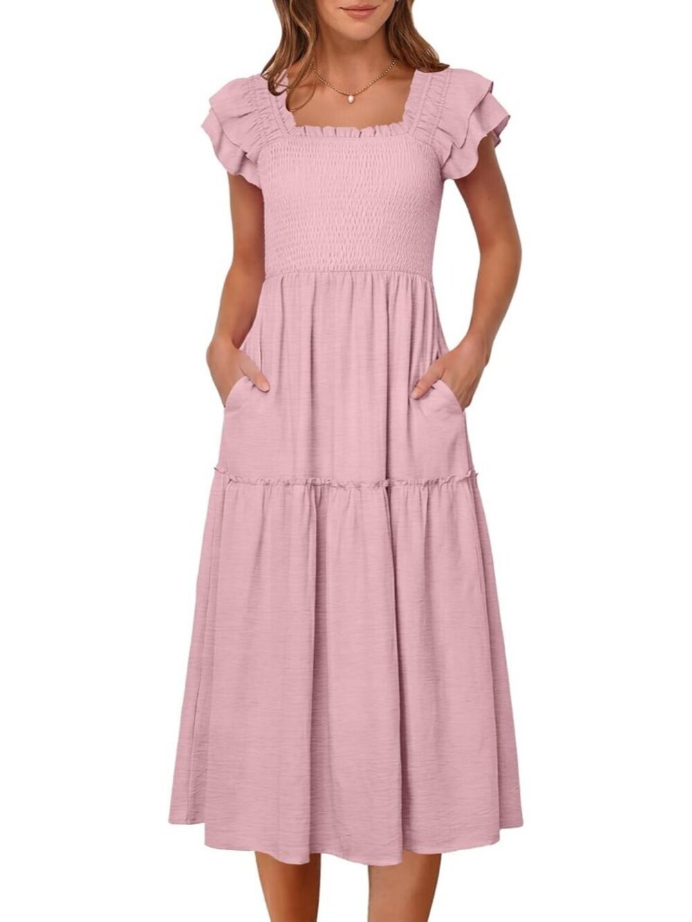 Caracilia Women's Bright Pink Casual Ruffle Short Sleeve Square Neck Maxi Dress